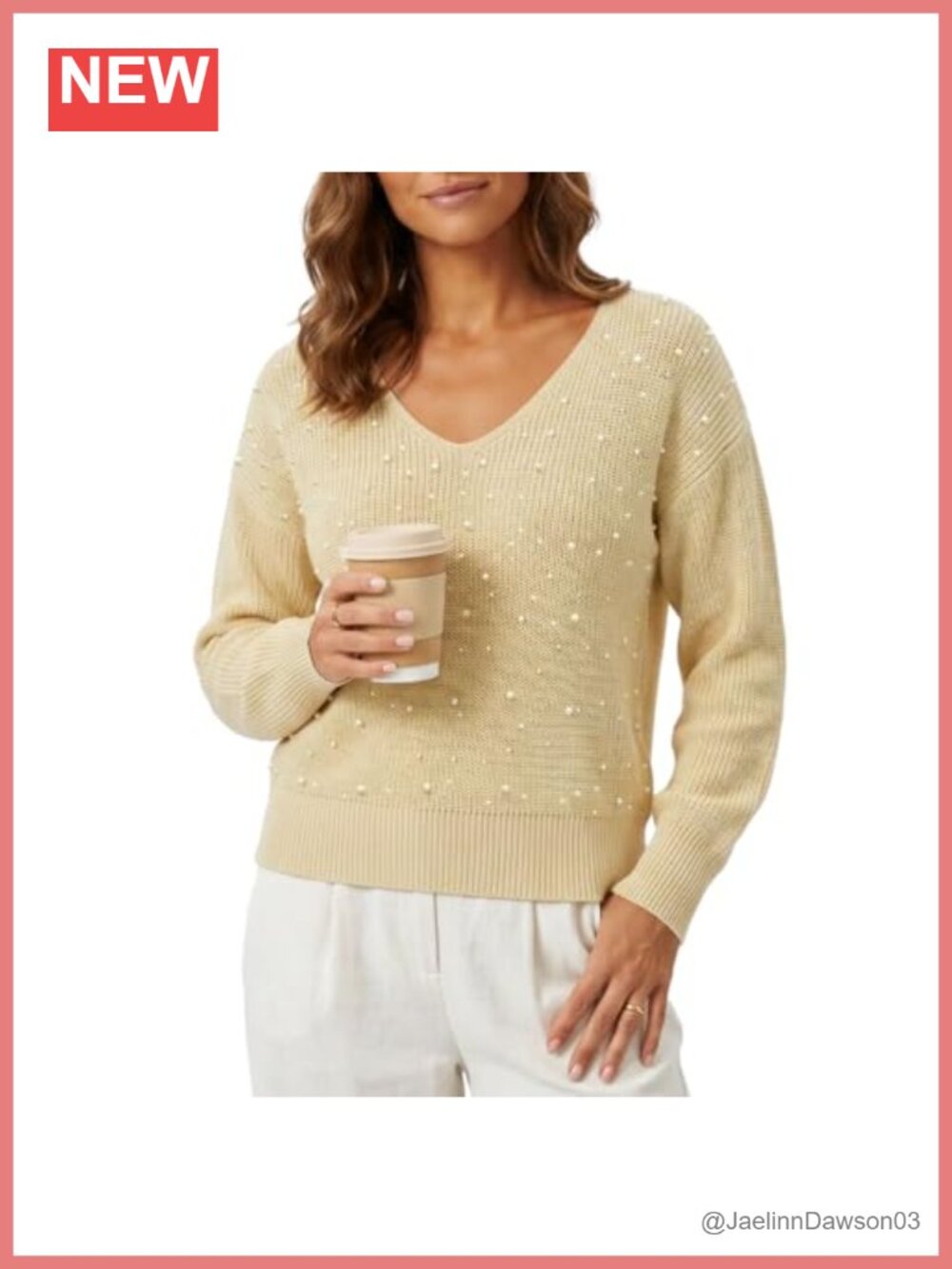 Womens Lightweight Pearl Embellished V-Neck Pullover Sweater Long Sleeve Knit